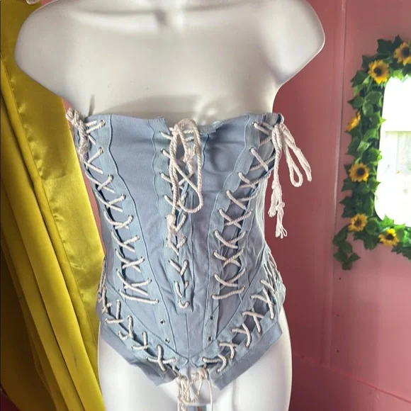 Light Blue Lace-Up Corset Top - Picture 3 of 9